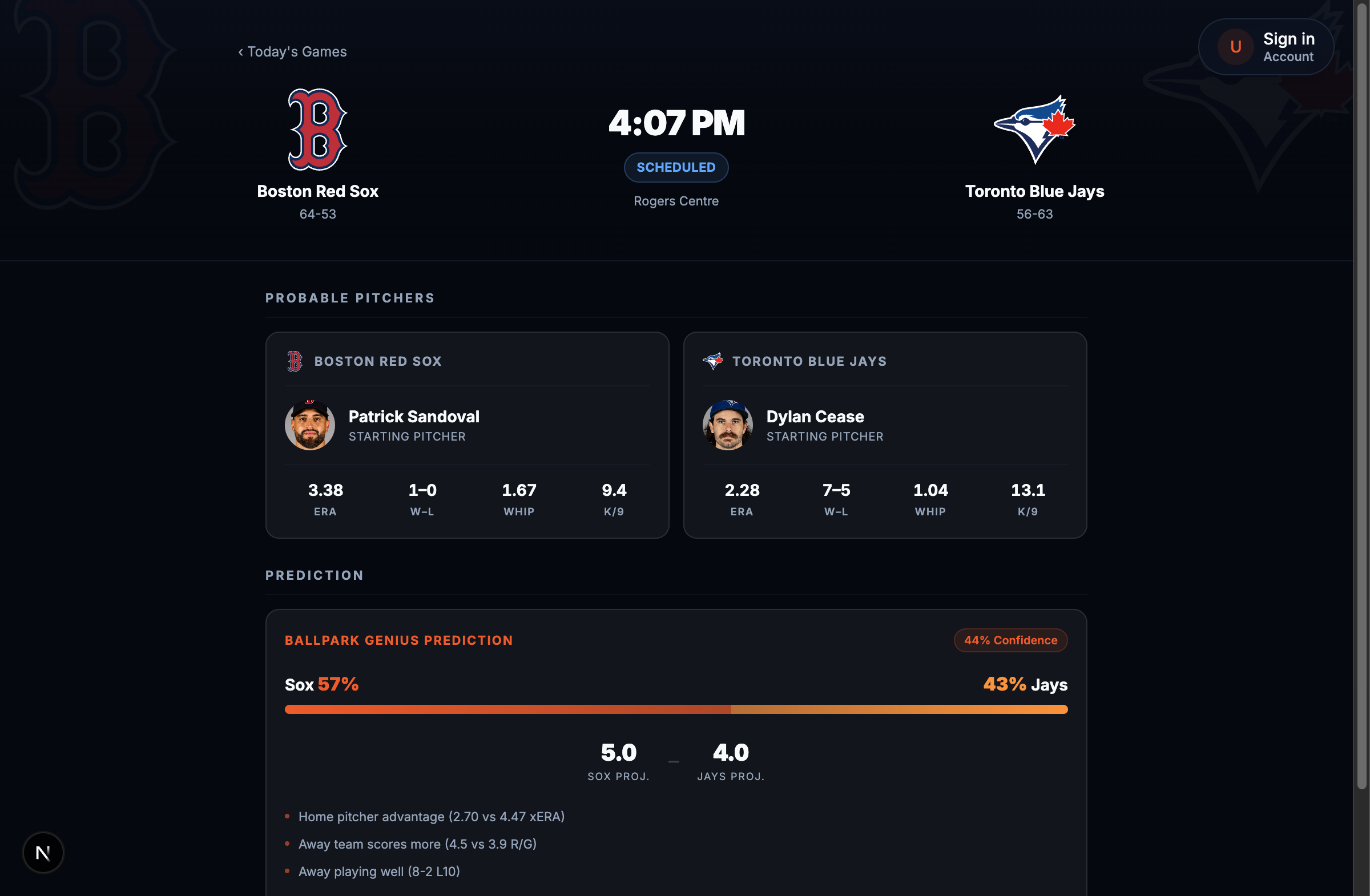 Ballpark Genius game prediction, Red Sox 57% over Blue Jays, driven by the champion model's actual weights instead of hardcoded ones