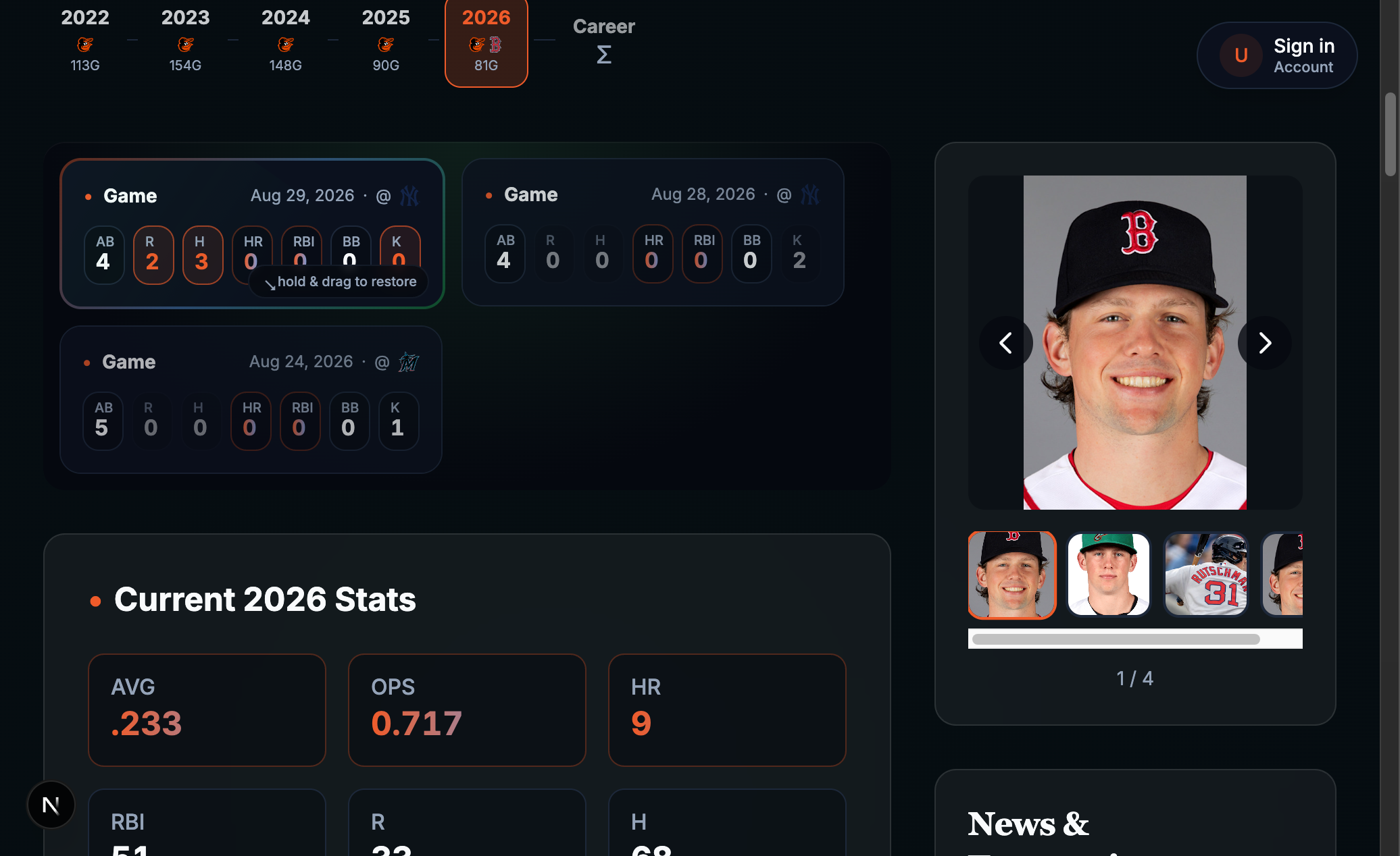 Adley Rutschman's last-game card dealt out to three games via the hold-to-reveal shoe, with the "hold & drag to restore" badge visible on the first card