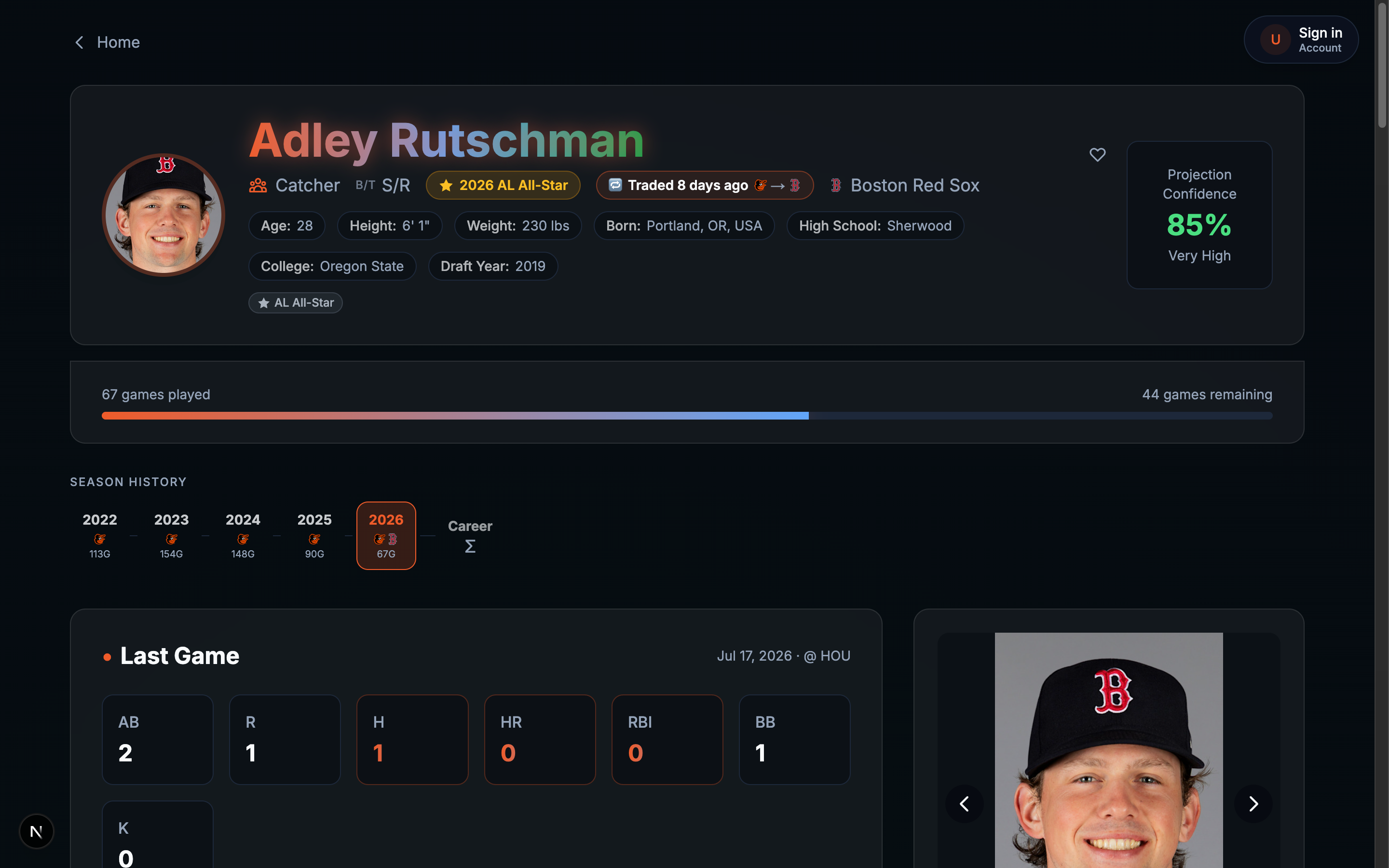 Adley Rutschman's Ballpark Genius player page, correctly showing "Traded 8 days ago" from Baltimore to Boston and his current team as Boston Red Sox