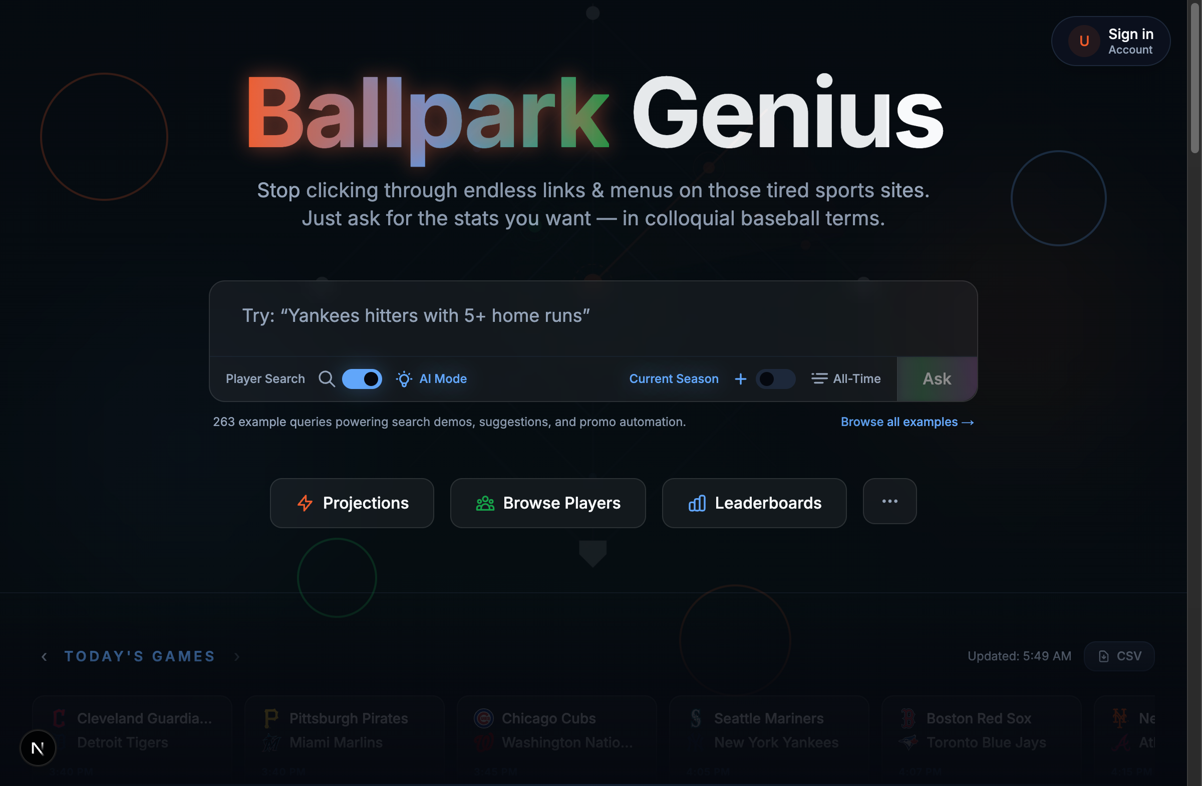 Ballpark Genius homepage Today's Games rail, six games with real start times and live records