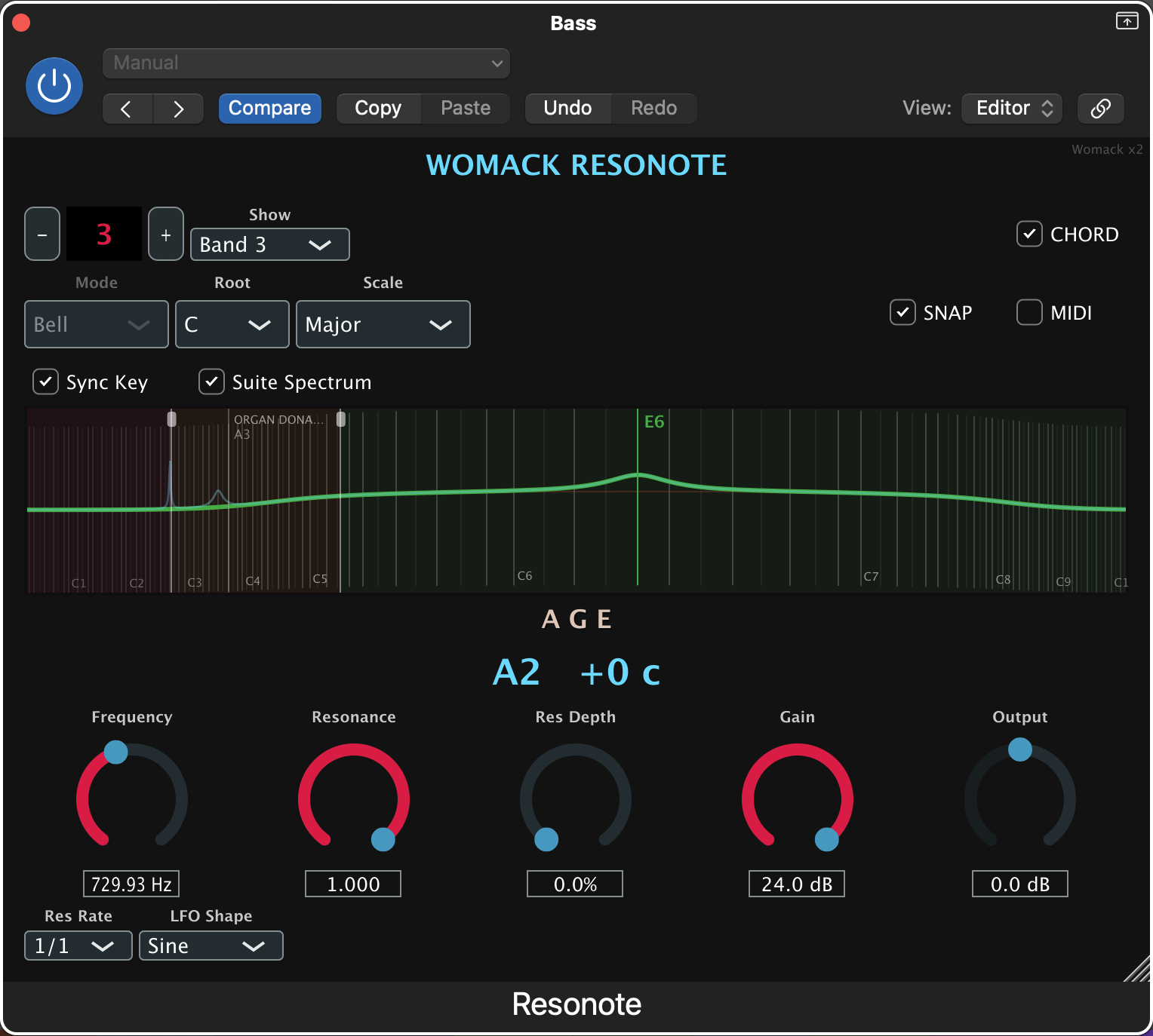 Womack Resonote multiband in Logic Pro — Band 3 selected, Suite Spectrum on showing another instance's frequency as a ghost marker, and the chord readout