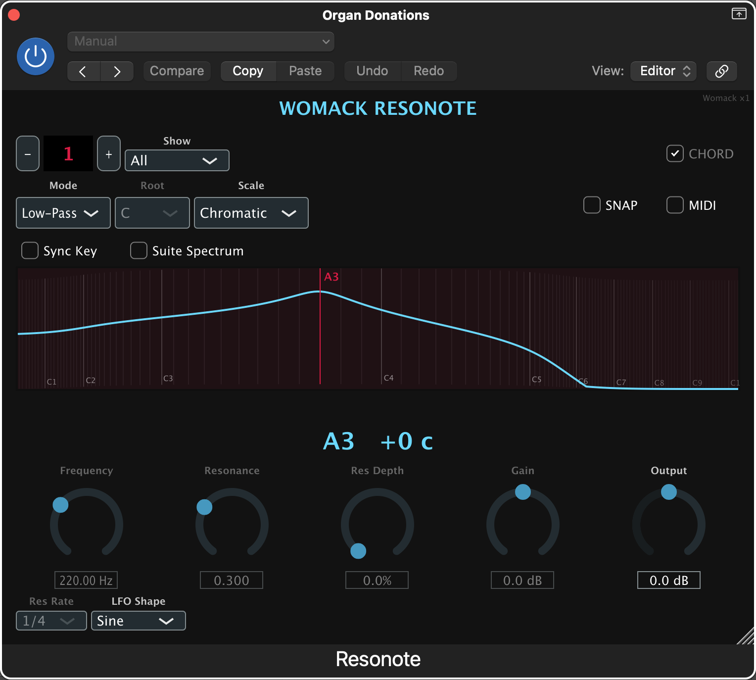 Womack Resonote single-band in Logic Pro — Low-Pass, cutoff snapped to A3, the fisheye response curve, and the live note/cents readout