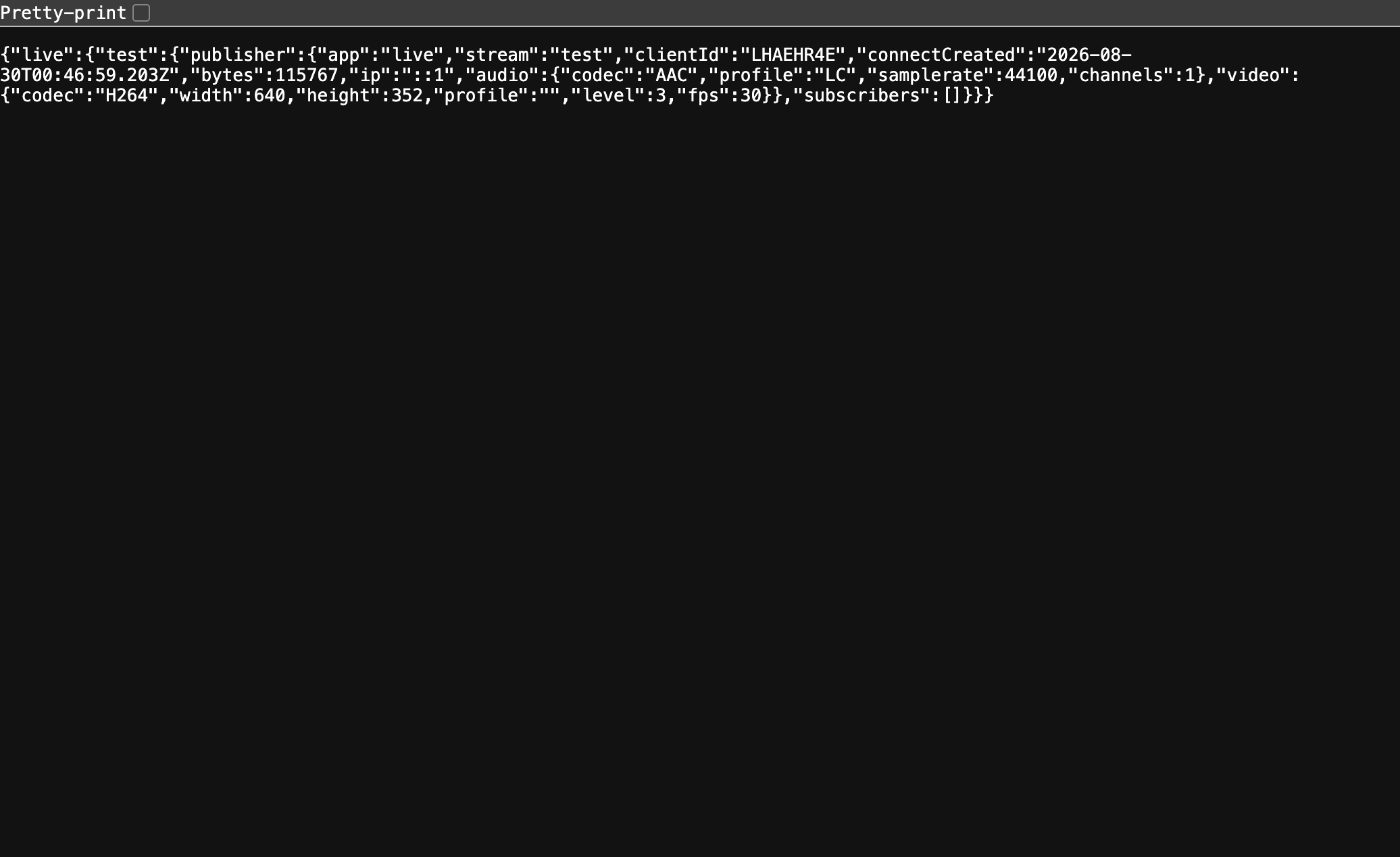 The RTMP server's /api/streams JSON status endpoint, showing a real ffmpeg test publish with actual H264/AAC codec details, not a mock