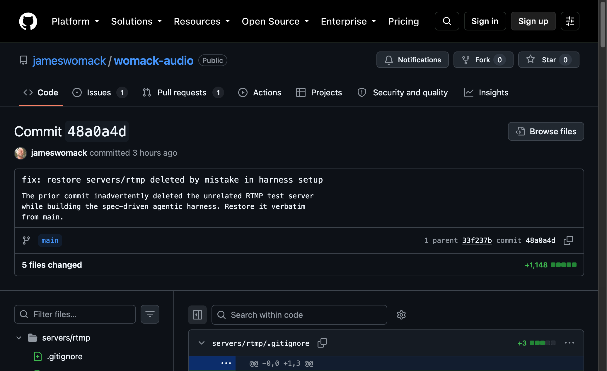 The actual restore commit on GitHub, one parent commit after the harness landed, 5 files and +1,148 to put servers/rtmp back exactly as it was